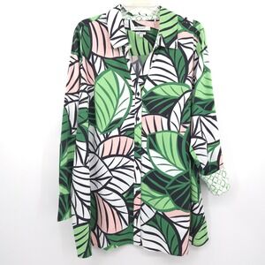 Foxcroft Button Down Shirt Women 18W Green Tropical Leaf UPF 50+ Shaped Tunic‎